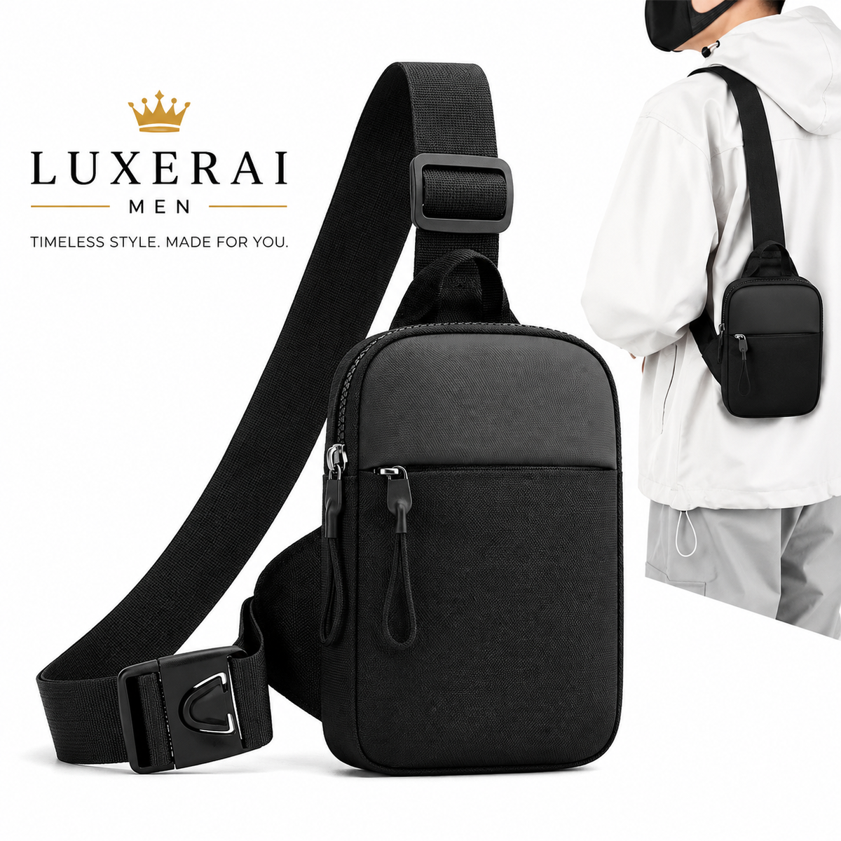 Men Waterproof Sling Chest Pack Fashion Small Black Crossbody Shoulder Zipper Bag Travel Workout Handbag Messanger Bag for Men