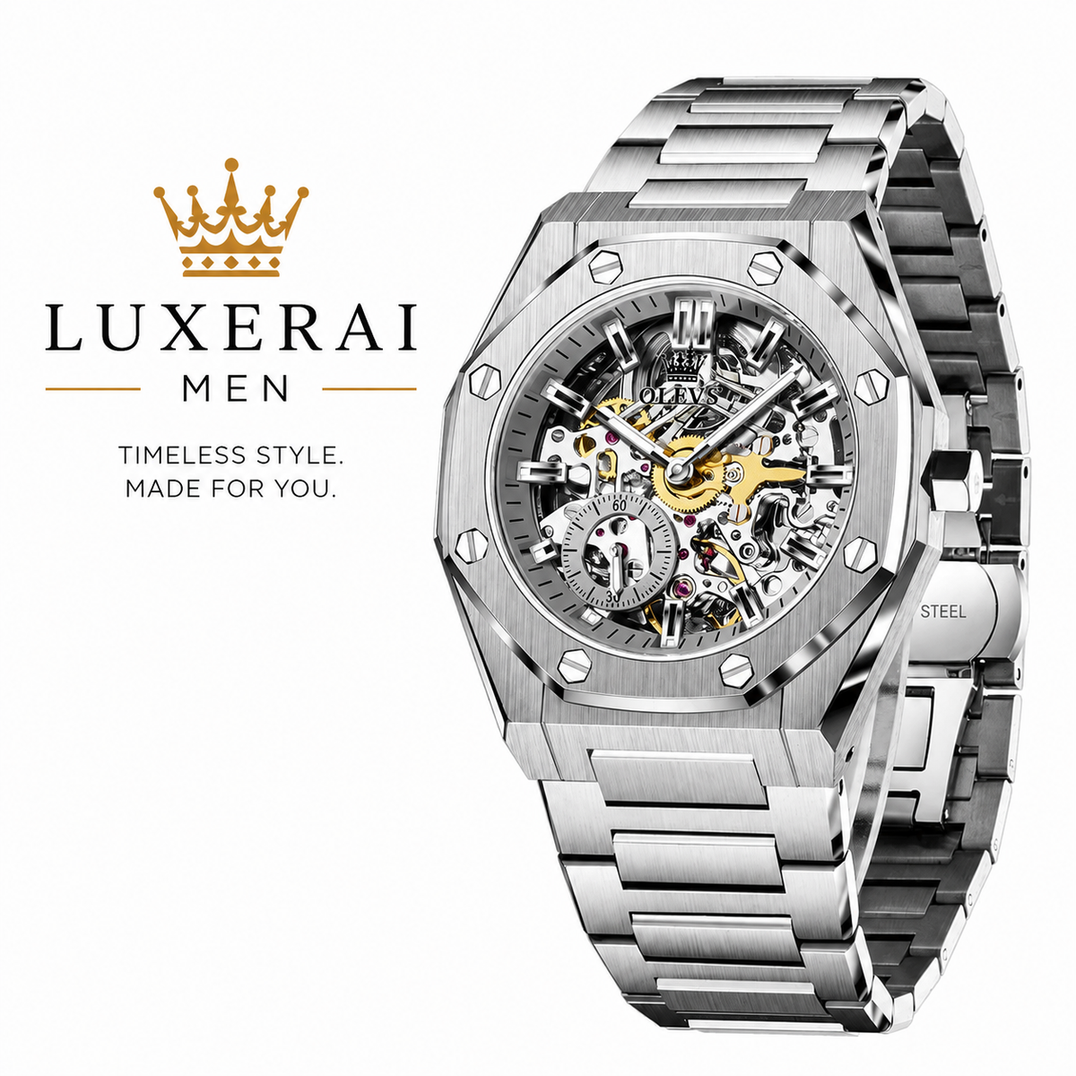 OLEVS Watches Luxury Man High Quality Original Fully Skeleton Automatic Mechanical Watch Stainless Steel Men Watches Gifts Box