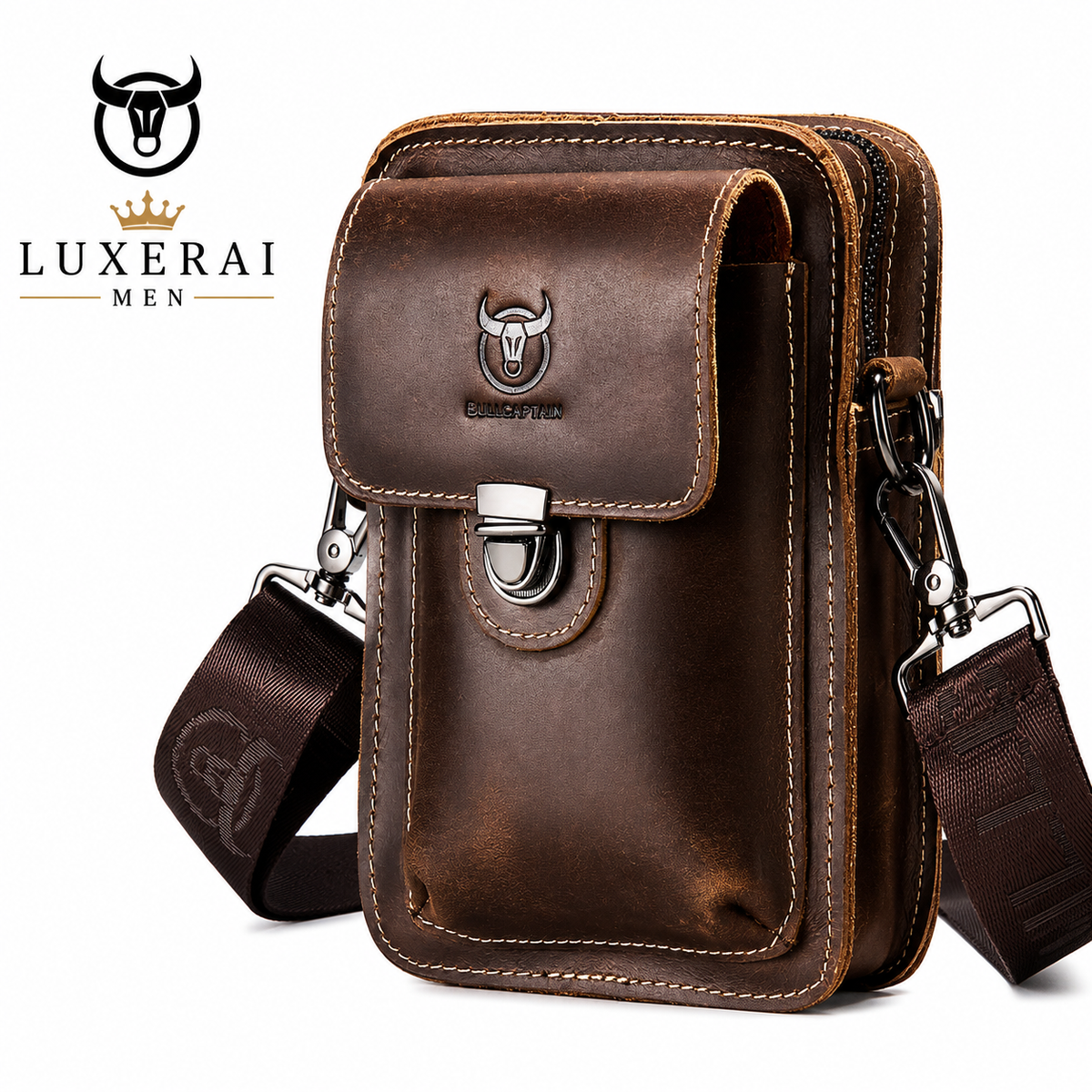 BULLCAPTAIN Crazy Horse Leather Male Waist Pack Phone Pouch Bags Waist Bag Men's Small Chest Shoulder Belt Bag Back Pack YB075