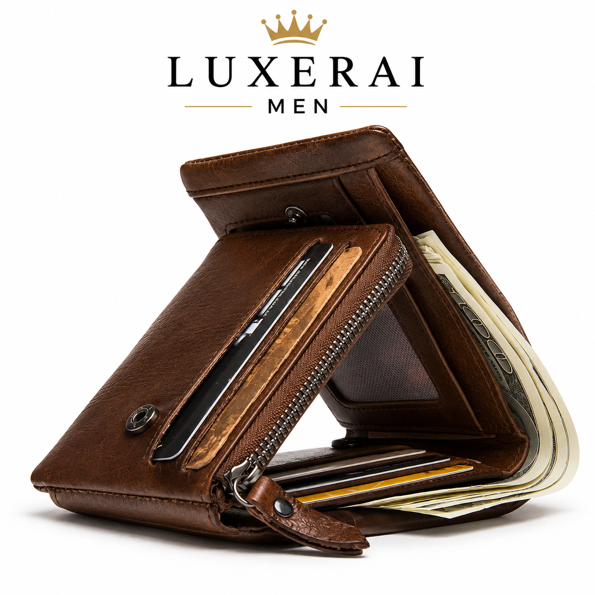 CONTACT'S Genuine Crazy Horse Leather Men Wallets Vintage Trifold Wallet Zip Coin Pocket Purse Cowhide Leather Wallet For Mens