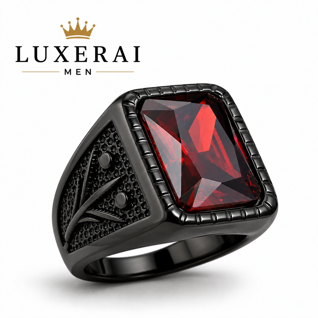 Fashion Stainless Steel Natural Red Stone Square Rings Punk Biker Black Leaf Shape Ring For Men Party Jewelry Gifts Wholesale