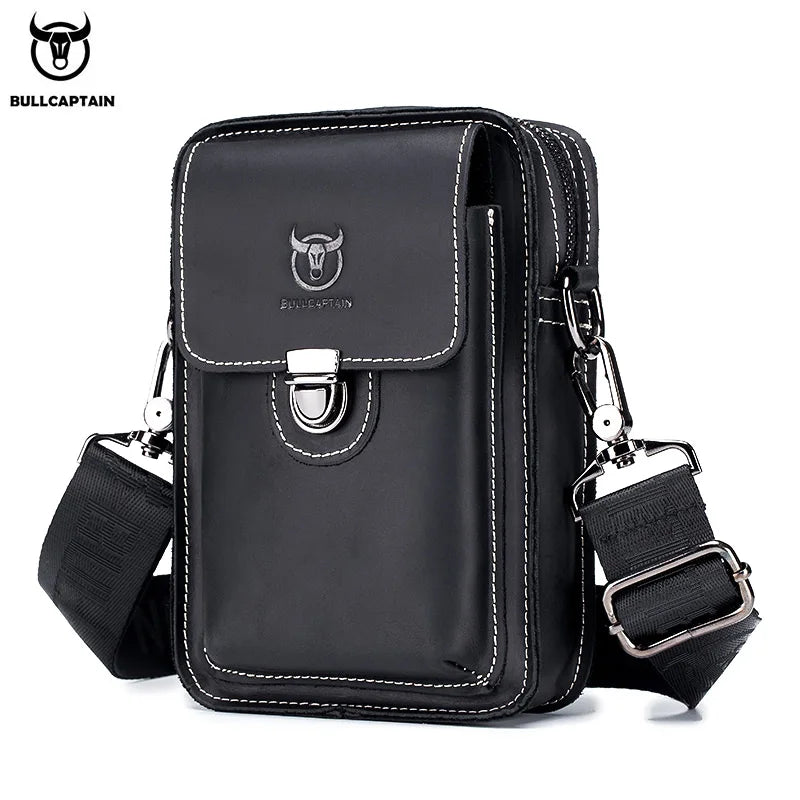 BULLCAPTAIN Crazy Horse Leather Male Waist Pack Phone Pouch Bags Waist Bag Men's Small Chest Shoulder Belt Bag Back Pack YB075