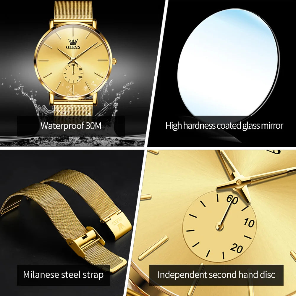 OLEVS Mens Watches Top Brand Luxury Gold Quartz Watch for Men Stainless Steel Warterproof Fashion Ultra Thin Men Wristwatch