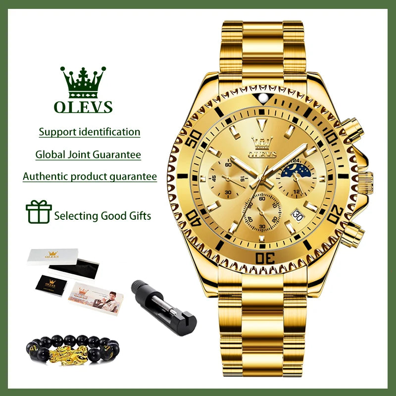 OLEVS 2870 Men's Watches Moon Phase Steel Calendar Chronograph Original Quartz Watch Big Rota Dial Luxury Sports Wristwatches