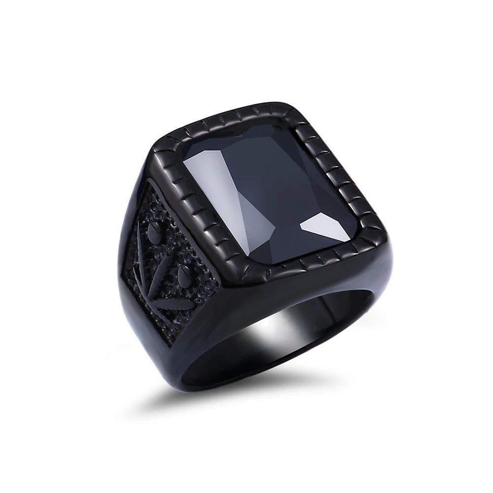 Fashion Stainless Steel Natural Red Stone Square Rings Punk Biker Black Leaf Shape Ring For Men Party Jewelry Gifts Wholesale