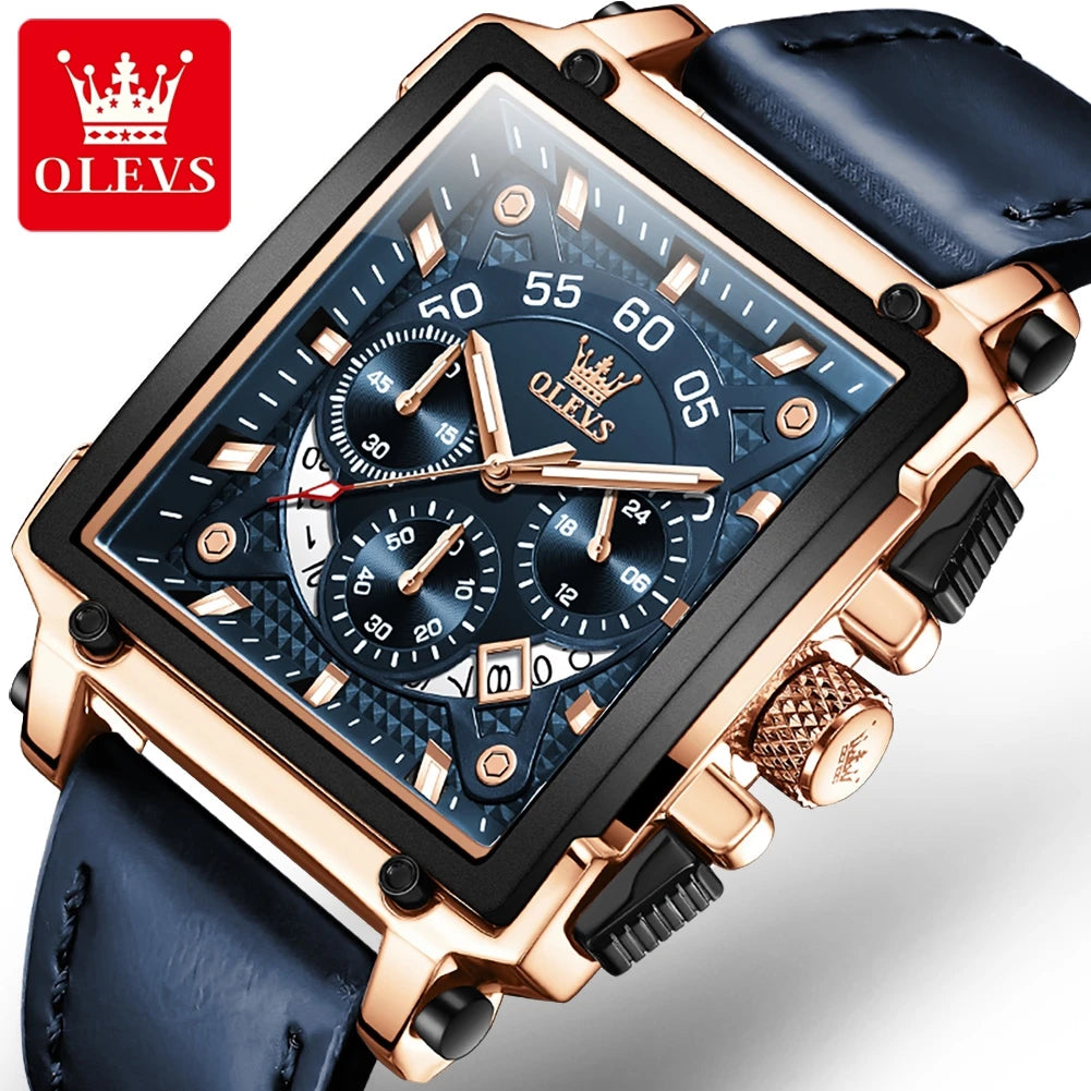 OLEVS Fashion Blue Square Quartz Watch for Men Sport Leather Strap Chronograph Mens Watches Top Brand Luxury Relogio Masculino