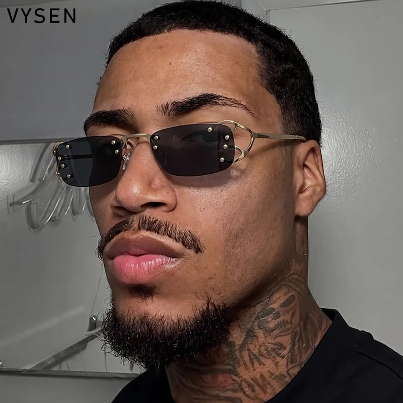 Y2K Punk Rimless Rectangle Sunglasses Men 2026 Luxury Brand Designer Vintage Small Metal Sun Glasses Rivet Shades UV400 Eyewear