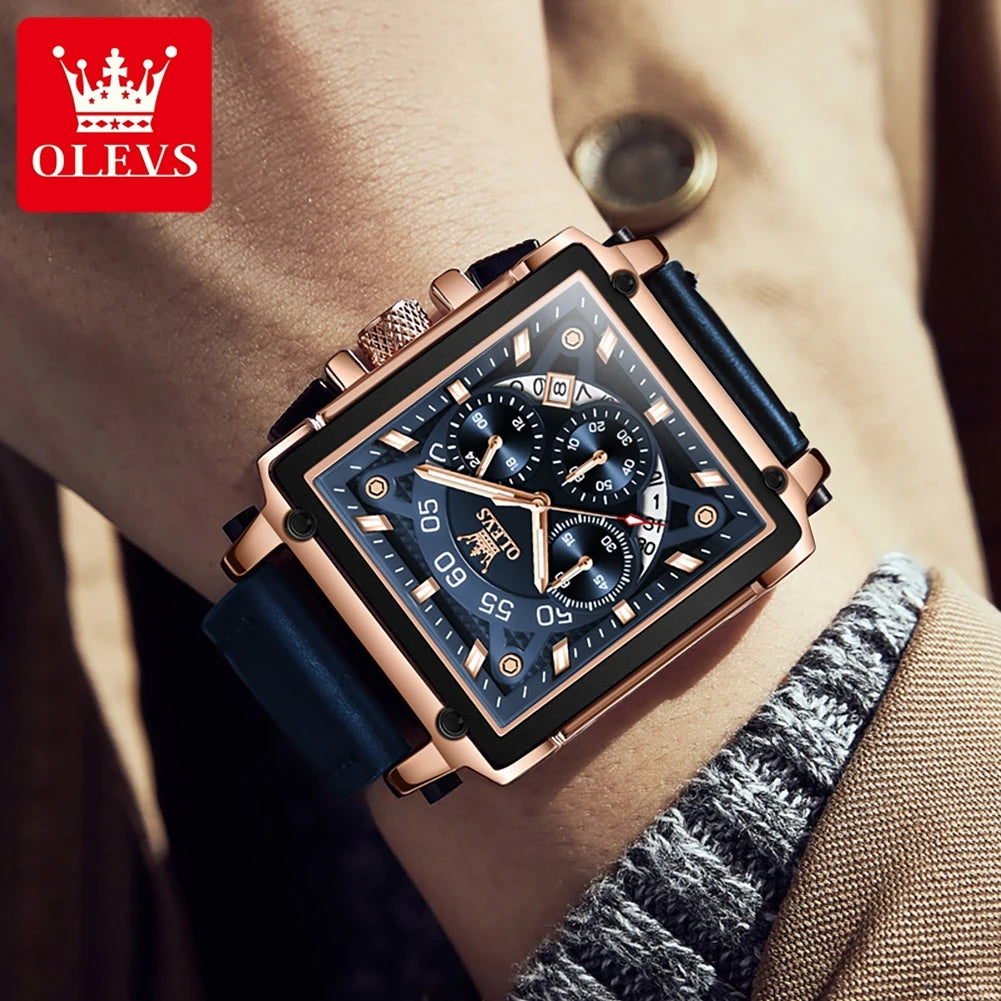 OLEVS Fashion Blue Square Quartz Watch for Men Sport Leather Strap Chronograph Mens Watches Top Brand Luxury Relogio Masculino