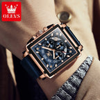 OLEVS Fashion Blue Square Quartz Watch for Men Sport Leather Strap Chronograph Mens Watches Top Brand Luxury Relogio Masculino
