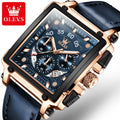 OLEVS Fashion Blue Square Quartz Watch for Men Sport Leather Strap Chronograph Mens Watches Top Brand Luxury Relogio Masculino
