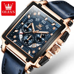 OLEVS Fashion Blue Square Quartz Watch for Men Sport Leather Strap Chronograph Mens Watches Top Brand Luxury Relogio Masculino