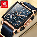 OLEVS Fashion Blue Square Quartz Watch for Men Sport Leather Strap Chronograph Mens Watches Top Brand Luxury Relogio Masculino