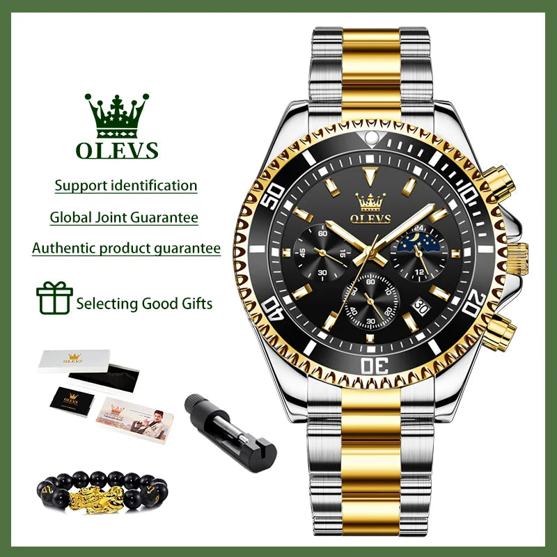 OLEVS 2870 Men's Watches Moon Phase Steel Calendar Chronograph Original Quartz Watch Big Rota Dial Luxury Sports Wristwatches