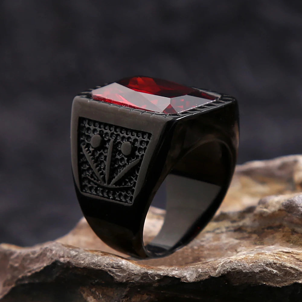 Fashion Stainless Steel Natural Red Stone Square Rings Punk Biker Black Leaf Shape Ring For Men Party Jewelry Gifts Wholesale
