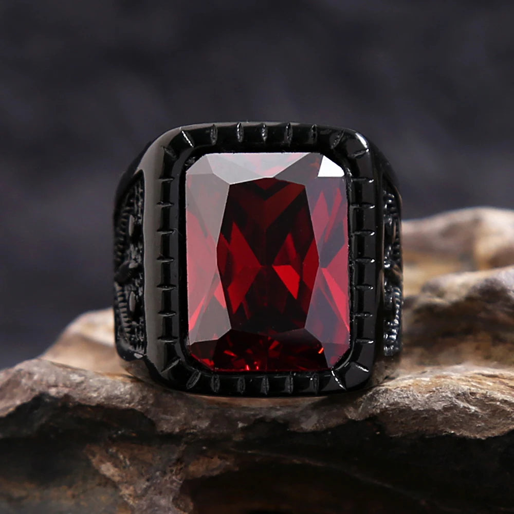 Fashion Stainless Steel Natural Red Stone Square Rings Punk Biker Black Leaf Shape Ring For Men Party Jewelry Gifts Wholesale