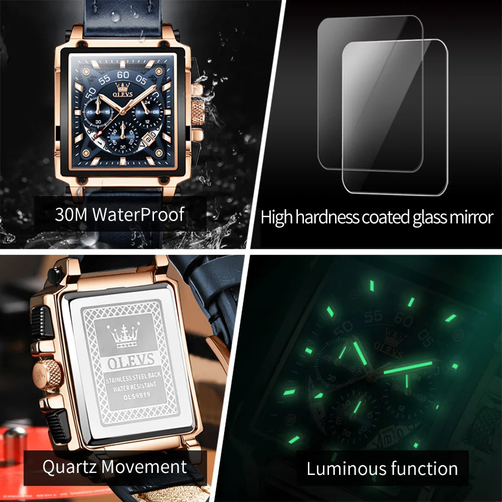 OLEVS Fashion Blue Square Quartz Watch for Men Sport Leather Strap Chronograph Mens Watches Top Brand Luxury Relogio Masculino