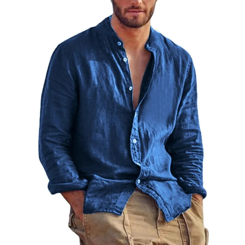 Sweatwear Men's Long Sleeve Shirt Linen Solid Color Shirts Trend Stand Collar Casual Lightweight Breathable Tops Hawaiian Shirt
