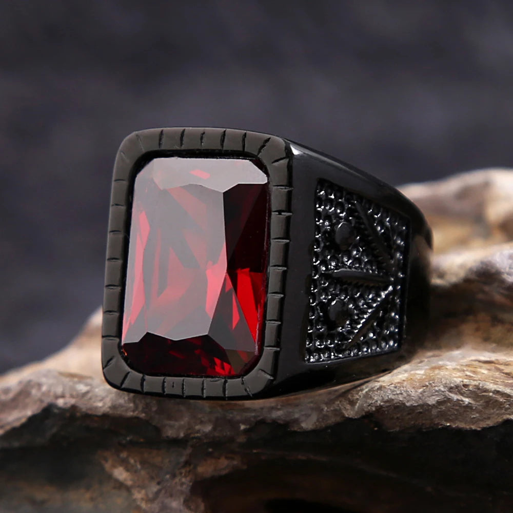 Fashion Stainless Steel Natural Red Stone Square Rings Punk Biker Black Leaf Shape Ring For Men Party Jewelry Gifts Wholesale