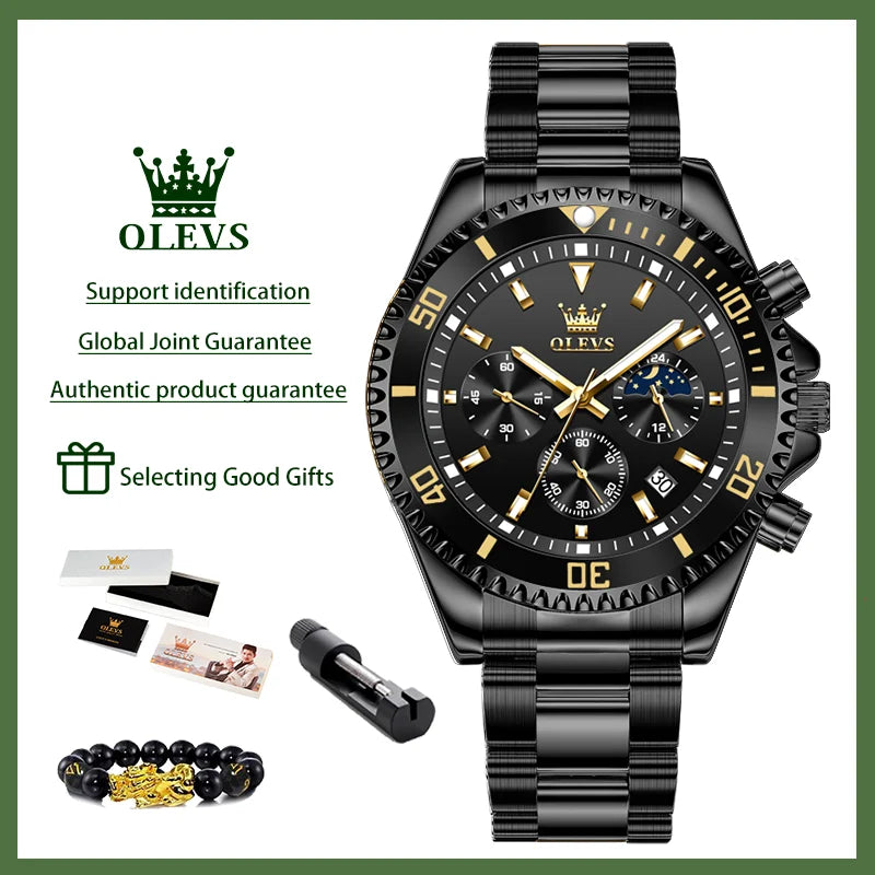 OLEVS 2870 Men's Watches Moon Phase Steel Calendar Chronograph Original Quartz Watch Big Rota Dial Luxury Sports Wristwatches