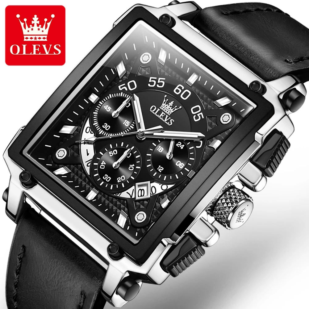 OLEVS Fashion Blue Square Quartz Watch for Men Sport Leather Strap Chronograph Mens Watches Top Brand Luxury Relogio Masculino