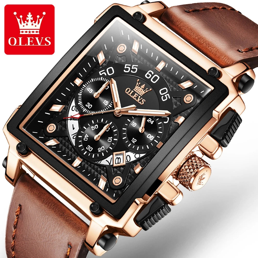 OLEVS Fashion Blue Square Quartz Watch for Men Sport Leather Strap Chronograph Mens Watches Top Brand Luxury Relogio Masculino