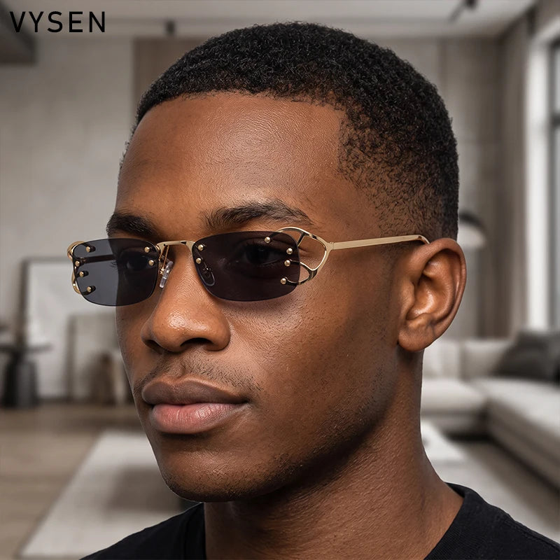Y2K Punk Rimless Rectangle Sunglasses Men 2026 Luxury Brand Designer Vintage Small Metal Sun Glasses Rivet Shades UV400 Eyewear