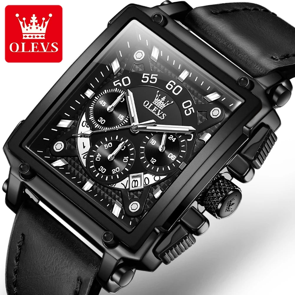 OLEVS Fashion Blue Square Quartz Watch for Men Sport Leather Strap Chronograph Mens Watches Top Brand Luxury Relogio Masculino