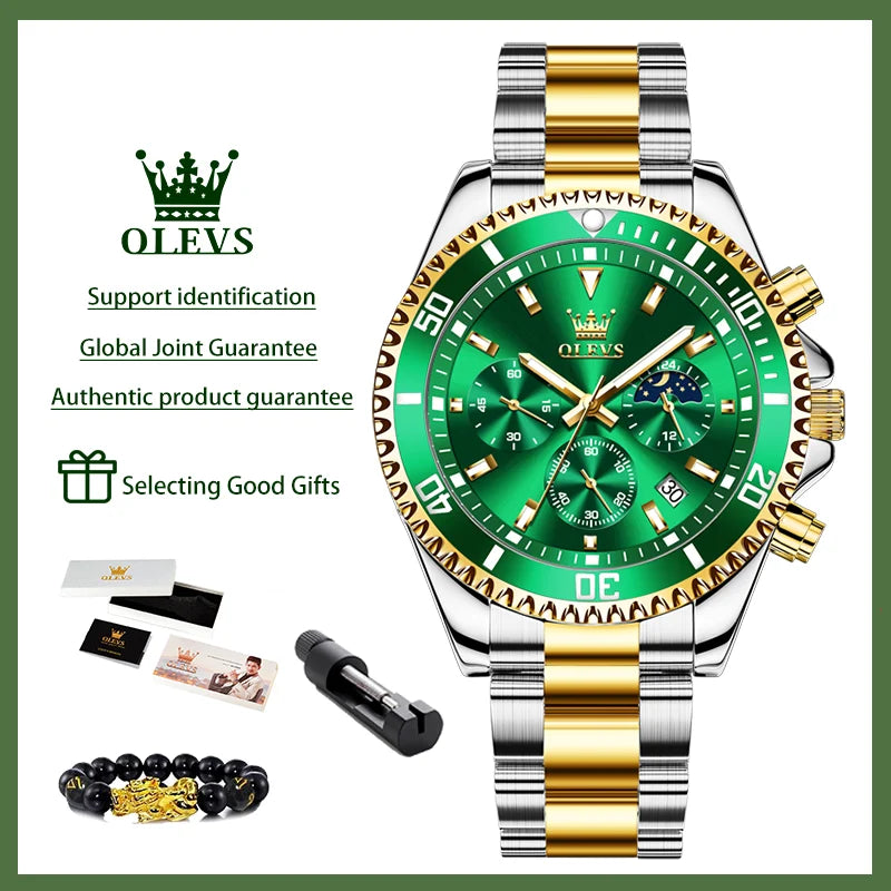 OLEVS 2870 Men's Watches Moon Phase Steel Calendar Chronograph Original Quartz Watch Big Rota Dial Luxury Sports Wristwatches