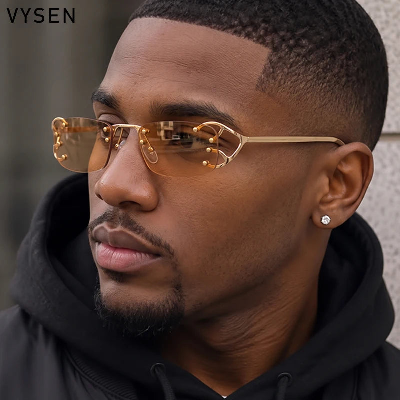 Y2K Punk Rimless Rectangle Sunglasses Men 2026 Luxury Brand Designer Vintage Small Metal Sun Glasses Rivet Shades UV400 Eyewear