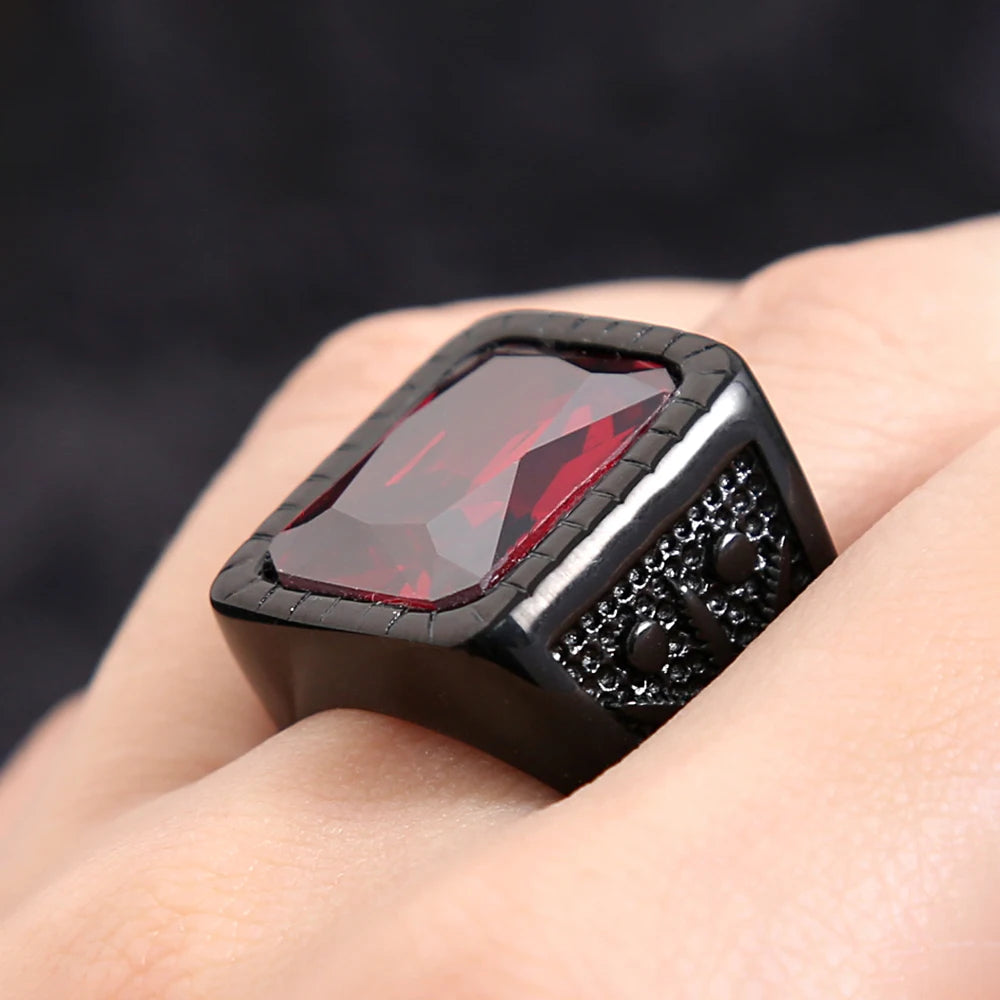 Fashion Stainless Steel Natural Red Stone Square Rings Punk Biker Black Leaf Shape Ring For Men Party Jewelry Gifts Wholesale