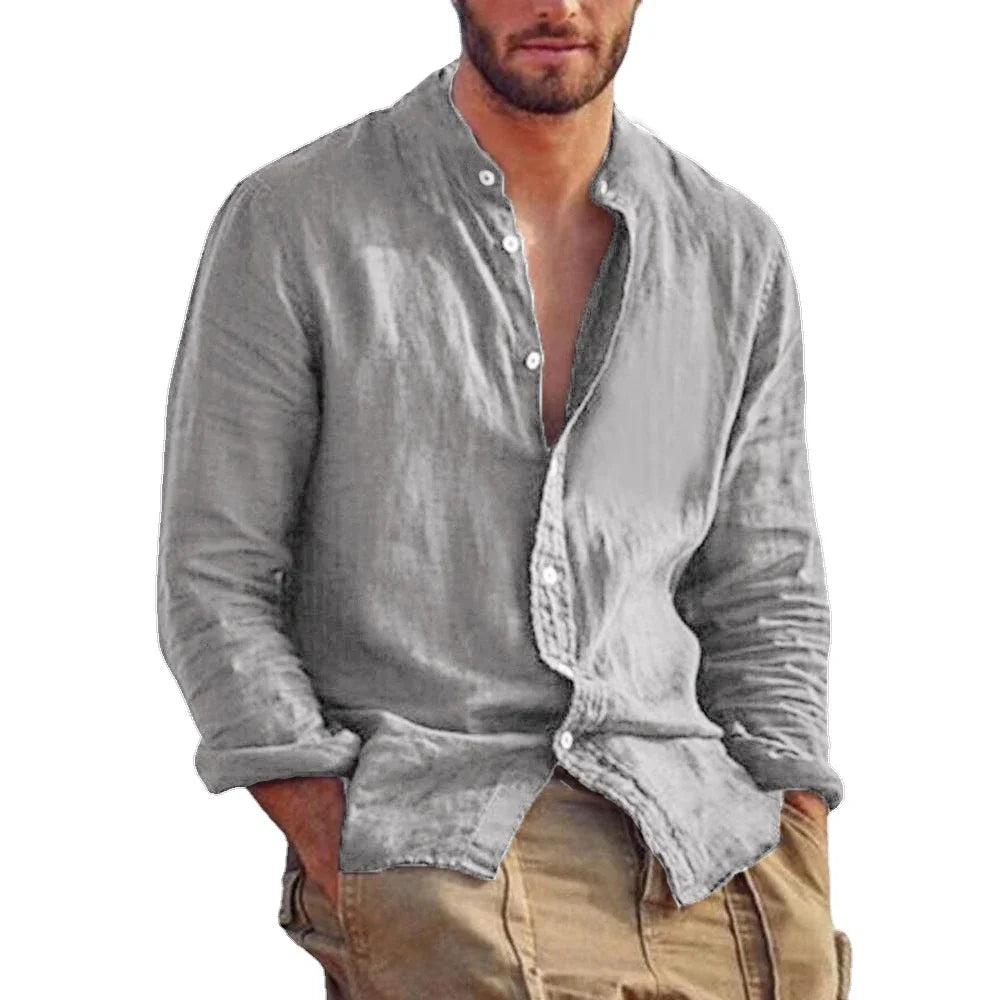 Sweatwear Men's Long Sleeve Shirt Linen Solid Color Shirts Trend Stand Collar Casual Lightweight Breathable Tops Hawaiian Shirt
