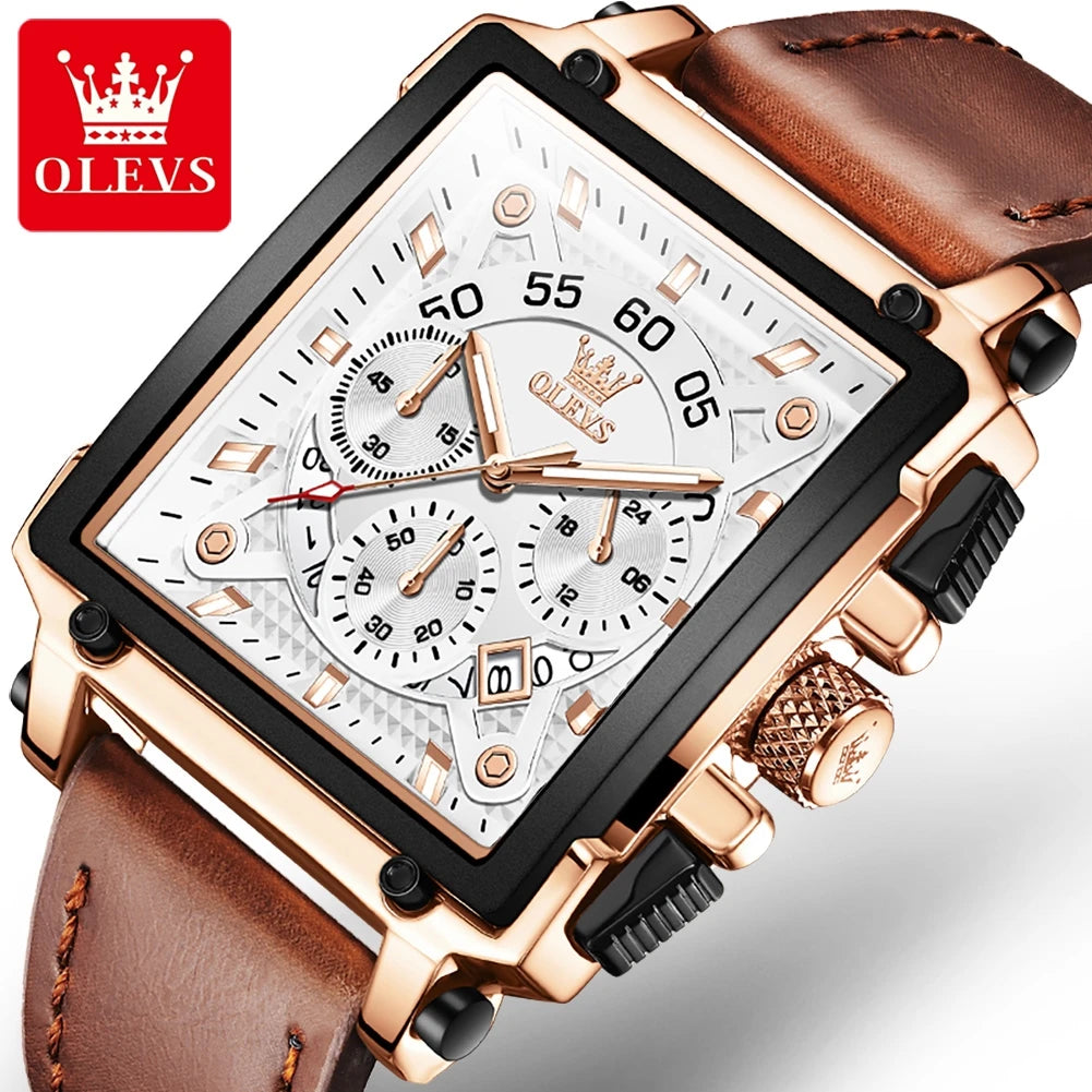 OLEVS Fashion Blue Square Quartz Watch for Men Sport Leather Strap Chronograph Mens Watches Top Brand Luxury Relogio Masculino