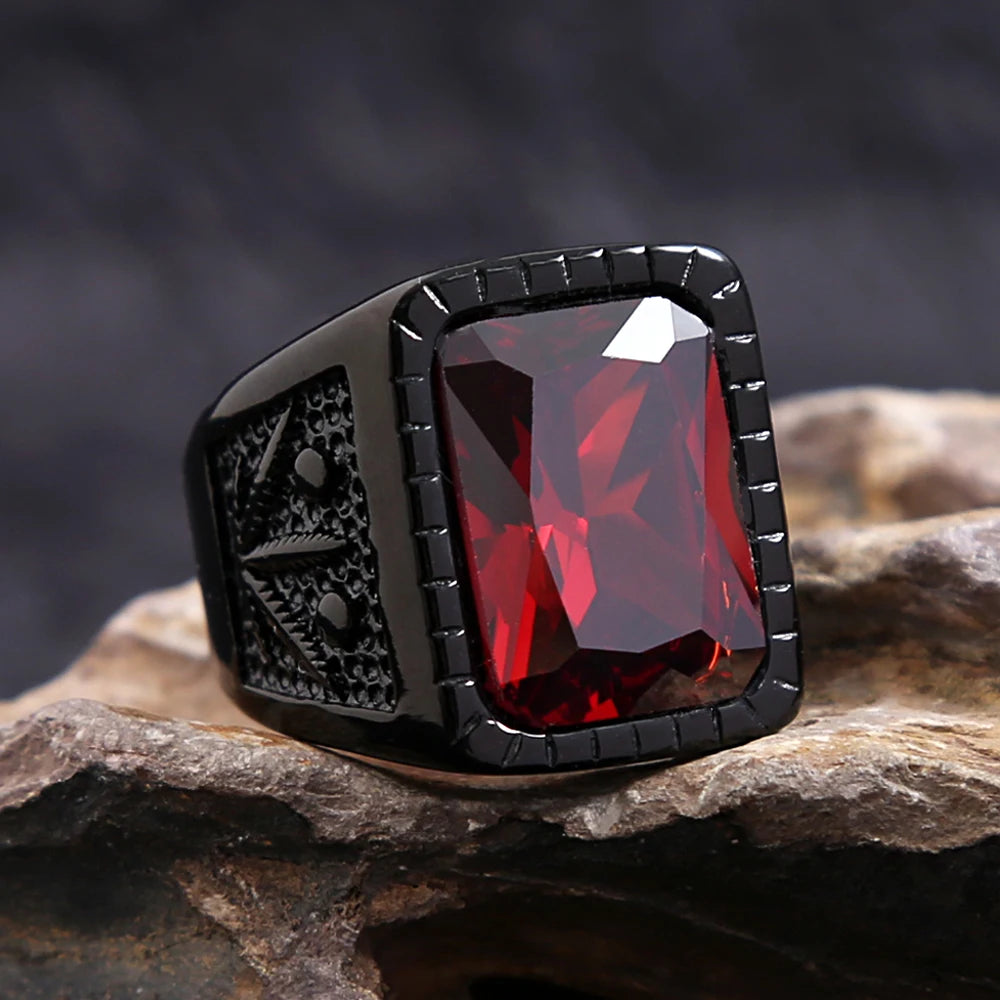 Fashion Stainless Steel Natural Red Stone Square Rings Punk Biker Black Leaf Shape Ring For Men Party Jewelry Gifts Wholesale
