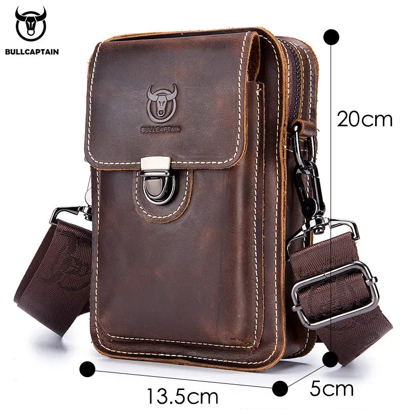 BULLCAPTAIN Crazy Horse Leather Male Waist Pack Phone Pouch Bags Waist Bag Men's Small Chest Shoulder Belt Bag Back Pack YB075