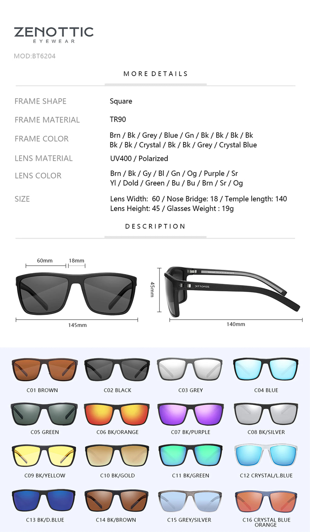 ZENOTTIC Fashion Polarized Sunglasses Shade for Women Men Lightweight TR90 Frame UV400 Protection Square Sun Glasses