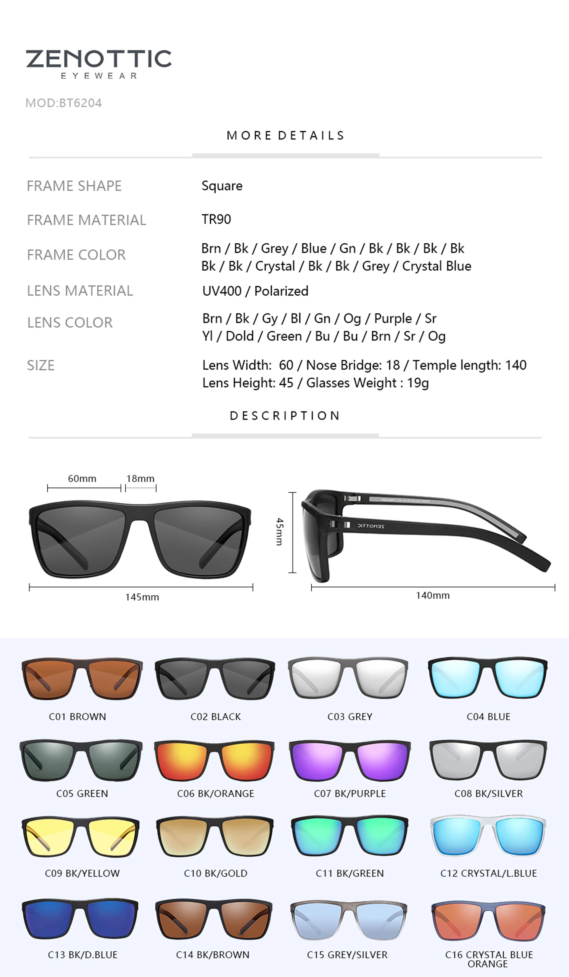 ZENOTTIC Fashion Polarized Sunglasses Shade for Women Men Lightweight TR90 Frame UV400 Protection Square Sun Glasses