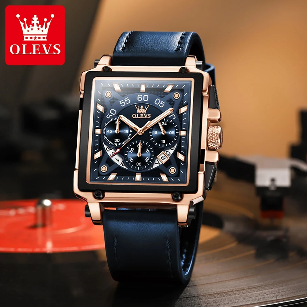 OLEVS Fashion Blue Square Quartz Watch for Men Sport Leather Strap Chronograph Mens Watches Top Brand Luxury Relogio Masculino